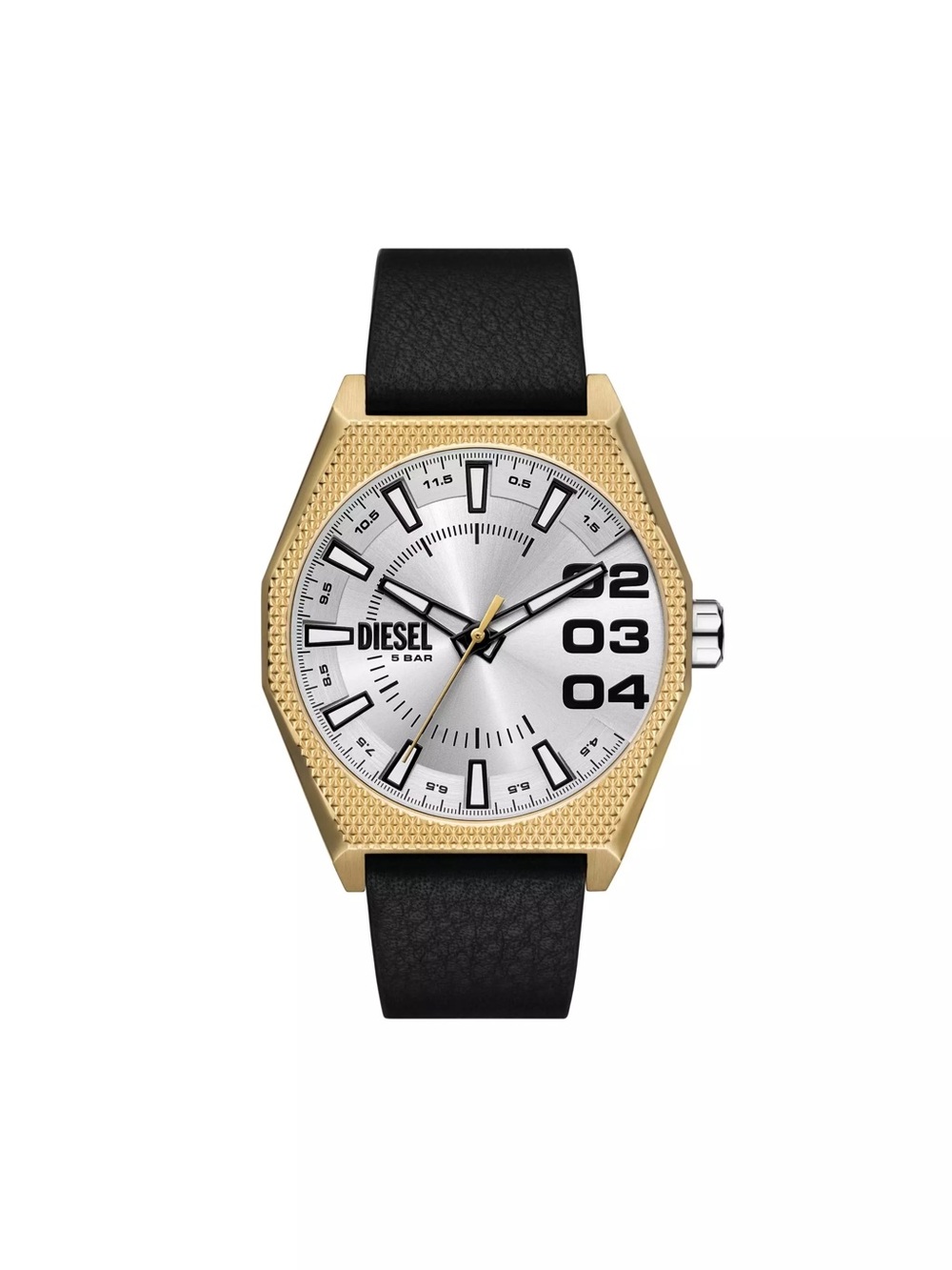 Diesel Gold-Tone Hexagon Case Watch with Silver Dial and Black Strap